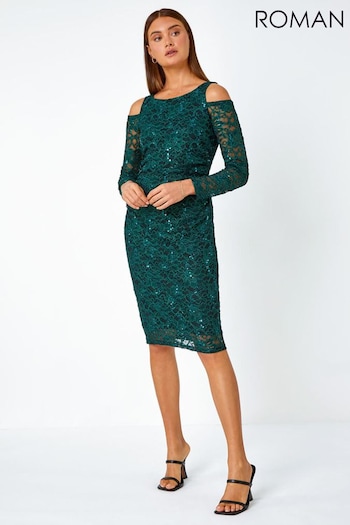 Roman Green Sequin Lace Cold Shoulder Dress (Q97873) | £50