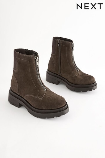 Brown Suede Zip Front Chunky Boots (Q97885) | £0