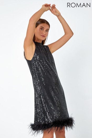 Roman Black Feather Trim Sequin Sparkle Dress (Q97891) | £75