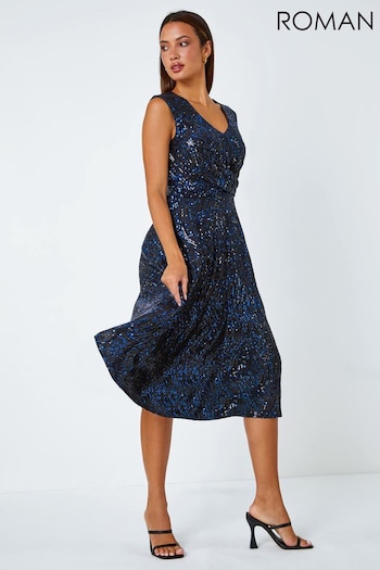 Roman Blue Sequin Twist Front Midi Stretch Dress (Q97895) | £70