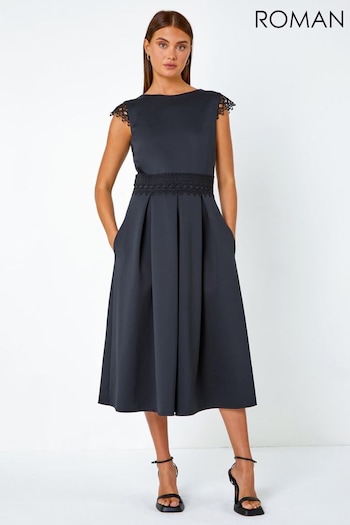 Roman Black Premium Stretch Lace Detail Midi Dress (Q97920) | £55