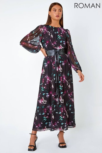 Roman Black Floral Print Belted Midi Stretch Dress (Q97930) | £58