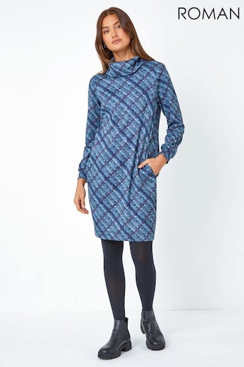 Roman Blue Check Cowl Neck Pocket Dress (Q97948) | £42
