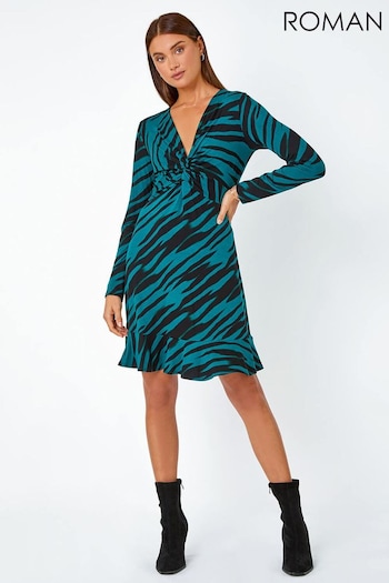 Roman Green Animal Twist Frill Hem Stretch Dress (Q98121) | £38