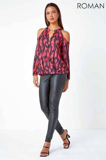 Roman Pink Abstract Print Cold Shoulder Stretch Top (Q98180) | £35