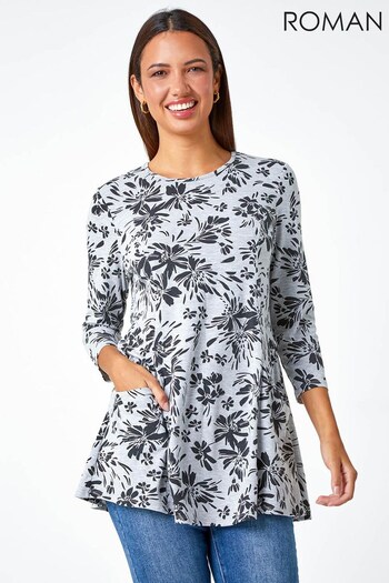 Roman Grey Floral Pocket Front Swing Stretch Top (Q98182) | £28