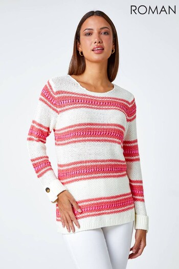 Roman Pink Knitted Stripe Button Cuff Jumper (Q98193) | £30
