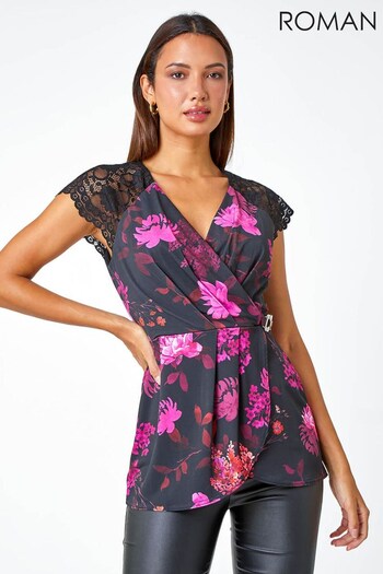Roman Pink Floral Print Lace Trim Stretch Wrap Top (Q98210) | £35