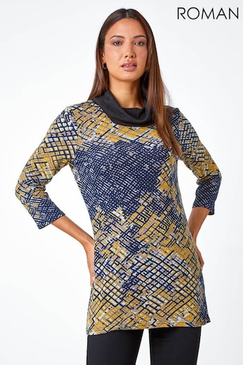 Roman Yellow Cowl Neck Abstract Print Stretch Top (Q98250) | £30