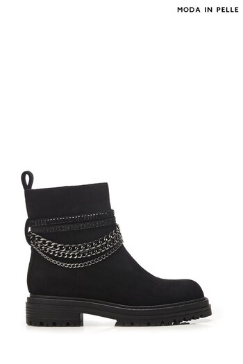 Moda in Pelle Astella Chunky Cleated Ankle Black Boots With Chain Trim (Q98351) | £119