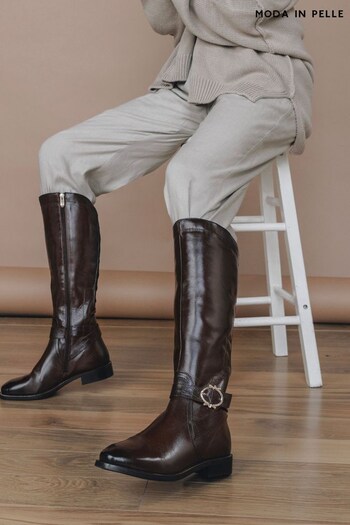 TModa in Pelle akari Square Toe Buckle Detail Long Brown Boots (Q98353) | £189