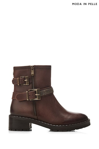 Moda in Pelle Cataner Two Buckle Strap Biker Brown Boots (Q98369) | £145