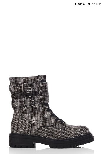 Moda in Pelle Zori Grey Chunky Lace-Up Glitzy Boots With Double Strap (Q98374) | £129