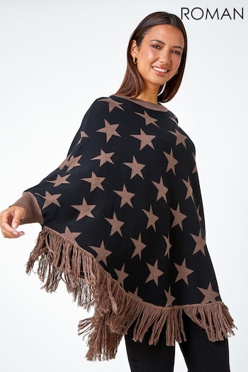 Roman Brown Star Print Wool Blend Fringed Poncho (Q98399) | £40