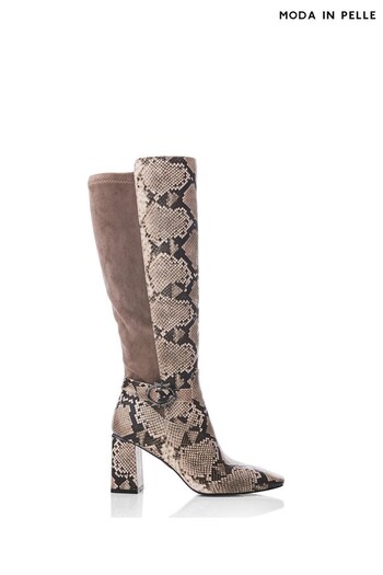 Moda in Pelle Saretta Brown Buckle Trim Block Heel Long Smart Boots (Q98407) | £179