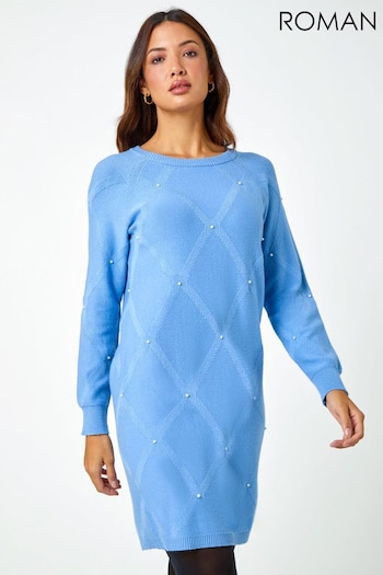 Roman Blue Pearl Detail Textured Jumper jersey Dress (Q98662) | £45