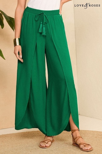 Love & Roses Green Petite Split Detail Beach Tie Front high-waisted trousers (Q99078) | £30