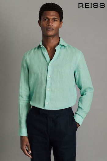 Reiss Bermuda Green Ruban Linen Button-Through Shirt (Q99090) | £98