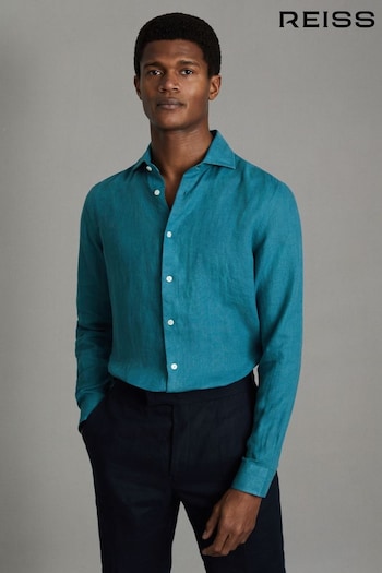 Reiss Teal Blue Ruban Linen Button-Through Shirt (Q99092) | £98