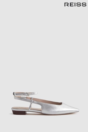 Reiss Silver Freya Leather Slingback Ballerina Flats (Q99102) | £158