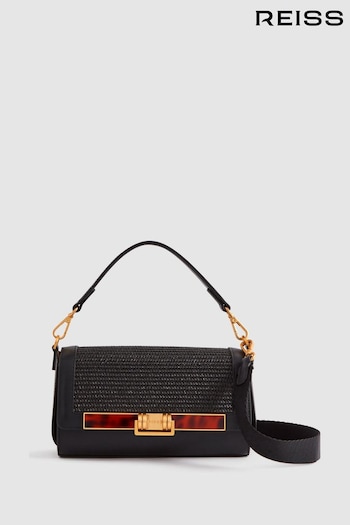Reiss Black Ivy Leather Raffia Baguette Bag (Q99106) | £228