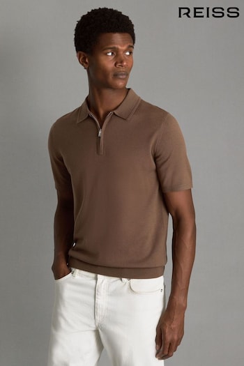 Reiss Pecan Brown Maxwell Merino Wool Half-Zip Polo Shirt (Q99133) | £88
