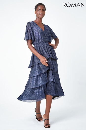 Roman Blue Shimmer Tiered Midi Dress (Q99391) | £70