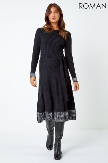 Roman Black Ribbed Stretch Knit Border Print Dress (Q99405) | £45