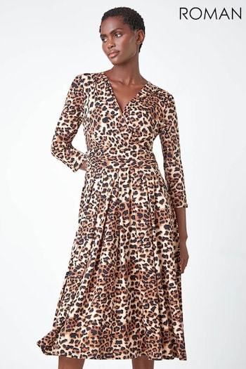 Roman Brown Animal Print Mock Wrap Stretch Midi Dress (Q99422) | £45