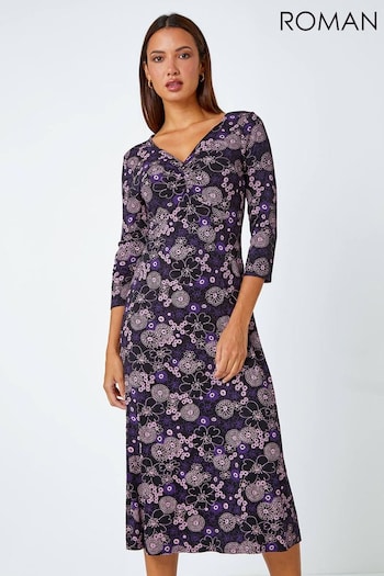Roman Purple Floral Print Ruched Midi Stretch Dress (Q99423) | £38