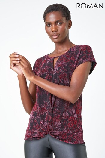 Roman Pink Floral Shimmer Print Knot Stretch Top (Q99427) | £30