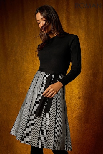 Roman Black Chevron Print Belted Jumper sequin Dress (Q99432) | £50