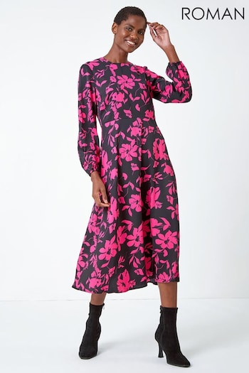 Roman Pink Floral Contrast Print Midi Dress (Q99448) | £40