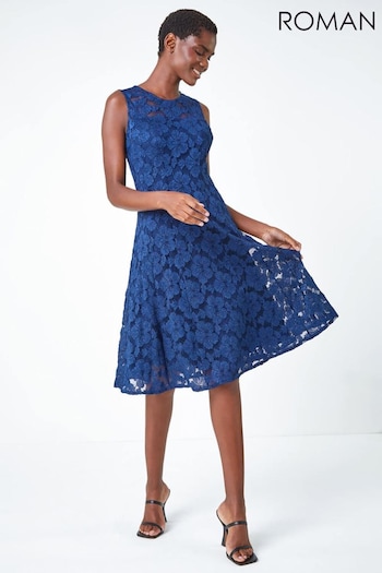 Roman Blue Sleeveless Glitter Lace Stretch Dress (Q99452) | £50