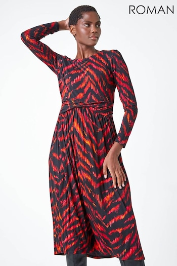 Roman Red Animal Print Twist Waist Midi Stretch Dress (Q99463) | £40