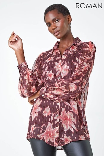 Roman Brown Floral Shimmer Stripe Print Shirt (Q99478) | £38