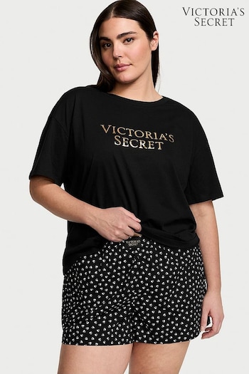 Victoria's Secret Black Half Heart Cotton T-Shirt Short Pyjamas (Q99540) | £39