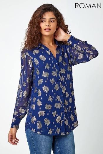 Roman Blue Shimmer Foil Floral Shirt (Q99577) | £40
