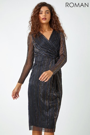 Roman Black Shimmer Stripe Print Midi Wrap Dress (Q99595) | £60