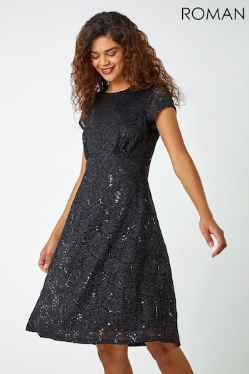 Roman Black Sequin Fluted Hem Lace Stretch Dress (Q99597) | £50