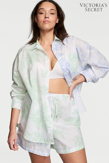 Victoria's Secret Garden Mint Green & Blue Crescent Tropical Toile Cotton Short Pyjamas (Q99696) | £45
