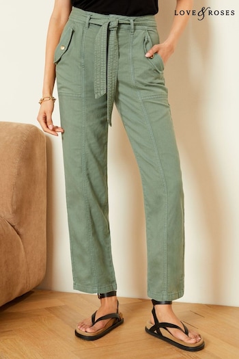 Love & Roses Khaki Green Cotton Utility Belted Trousers (Q99775) | £39