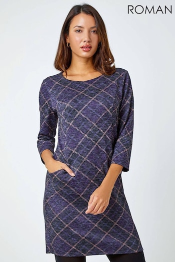 Roman Purple Check Print Pocket Shift Stretch Dress (Q99814) | £40
