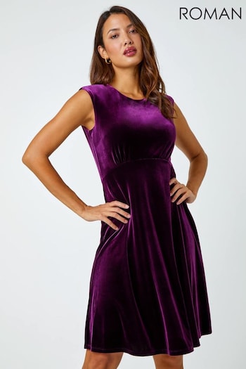Roman Purple Velvet Fluted Hem Stretch Dress (Q99839) | £45