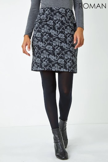 Roman Black Floral Mock Pocket Stretch Skirt (Q99849) | £28