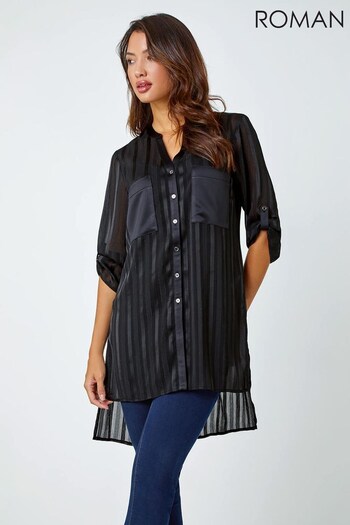 Roman Black Satin Shimmer Stripe Longline Shirt (Q99859) | £32