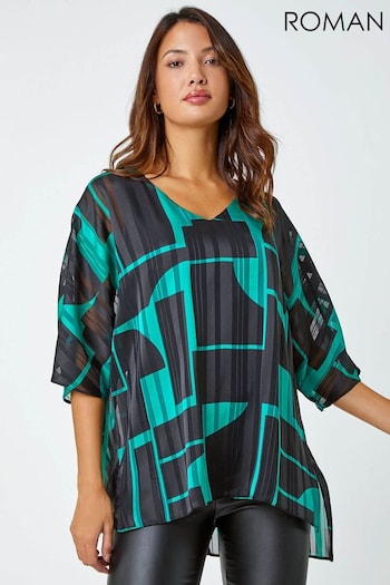 Roman Green Relaxed Graphic Satin Overlay Top (Q99869) | £36