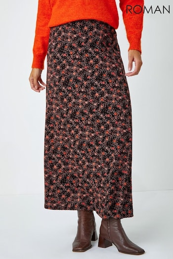 Roman Brown Ditsy Floral Print Stretch Midi Skirt (Q99876) | £35