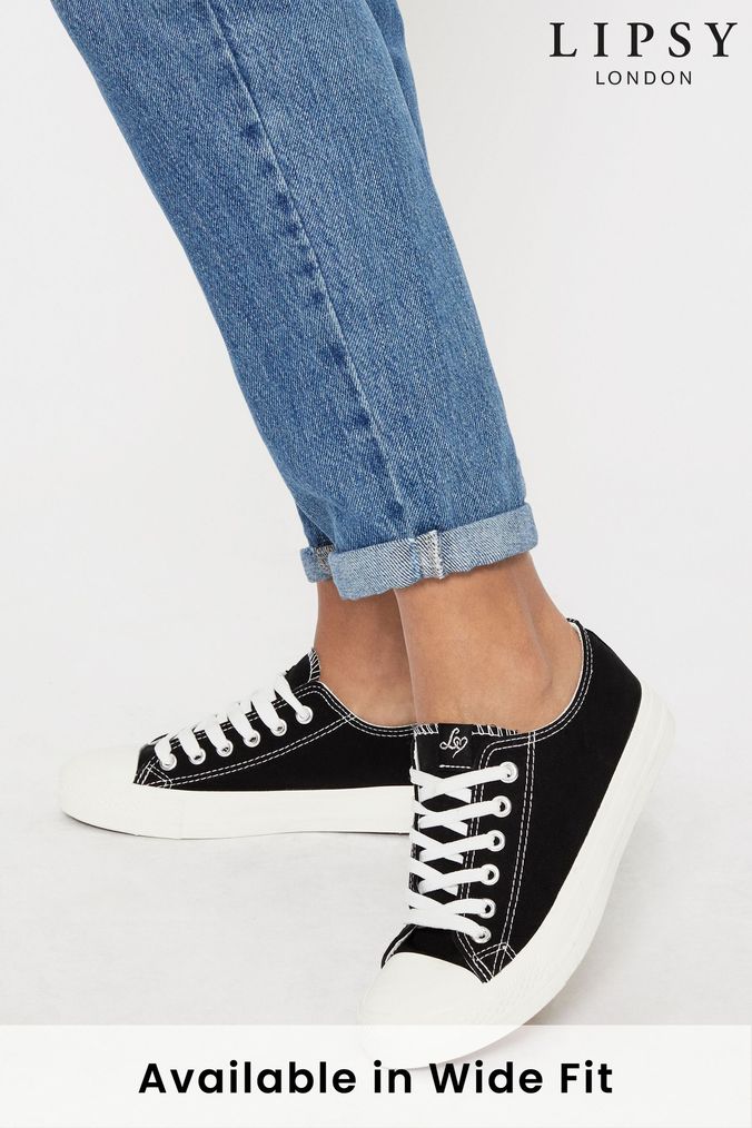 Lipsy Black Canvas Wide Fit Low Top Lace Up Canvas Trainer (R01083) | £25