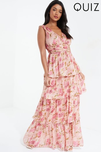 Quiz Pink Multi Chiffon Floral Wrap Tiered Maxi Dress (R01527) | £80